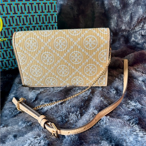 Tory Burch T Monogram Raffia Gold Chain purse Natural - Picture 2 of 12